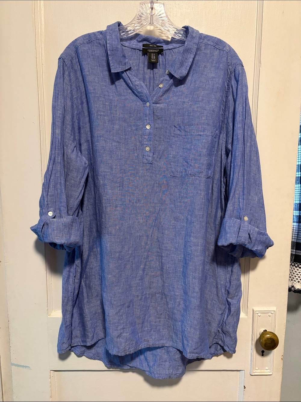 Jones & Co Linen Popover Tunic Top Blue Roll Tab Sleeves Coastal Resort Sz 1X
